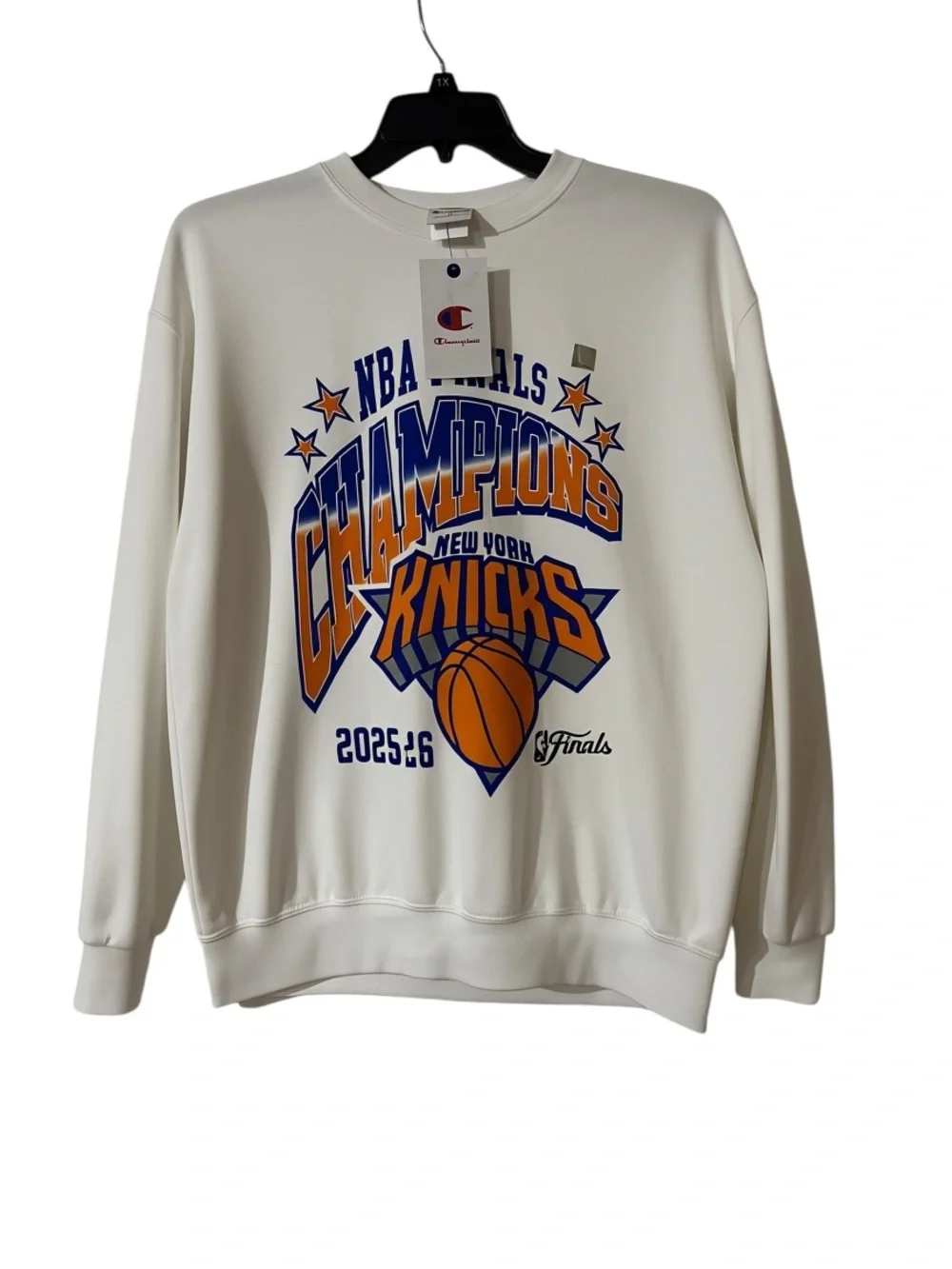 Champion White Crewneck Sweatshirt with Blue and Orange Knicks Graphic